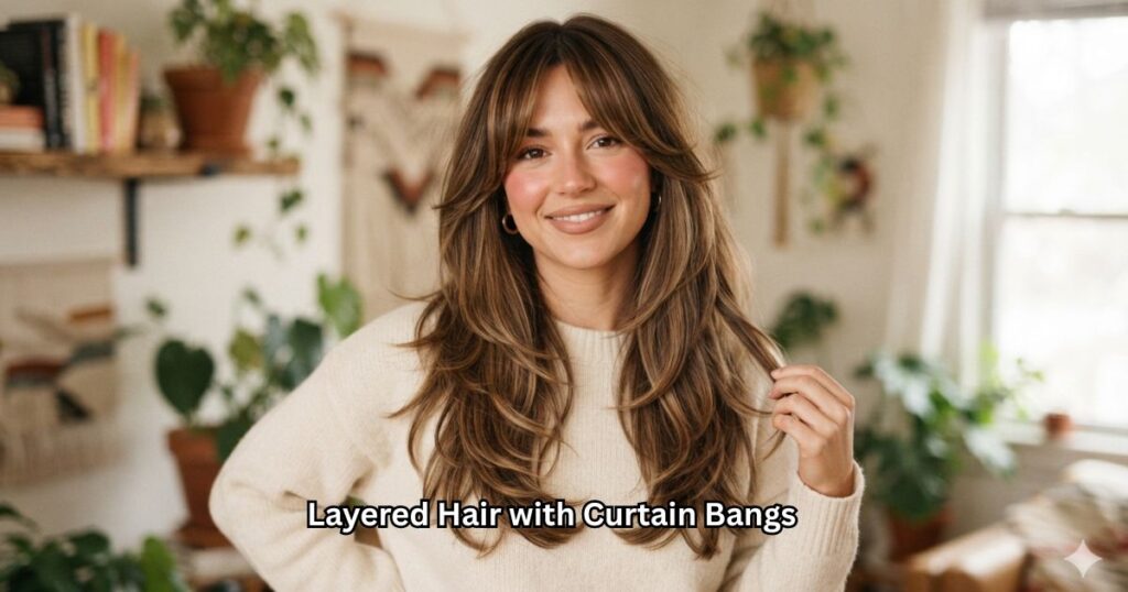 Layered Hair with Curtain Bangs (Medium Length)