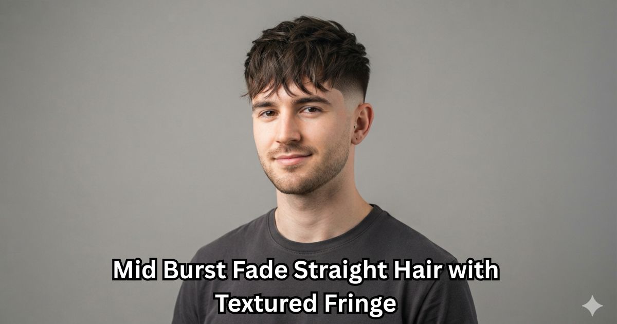 2. Mid Burst Fade Straight Hair with Textured Fringe