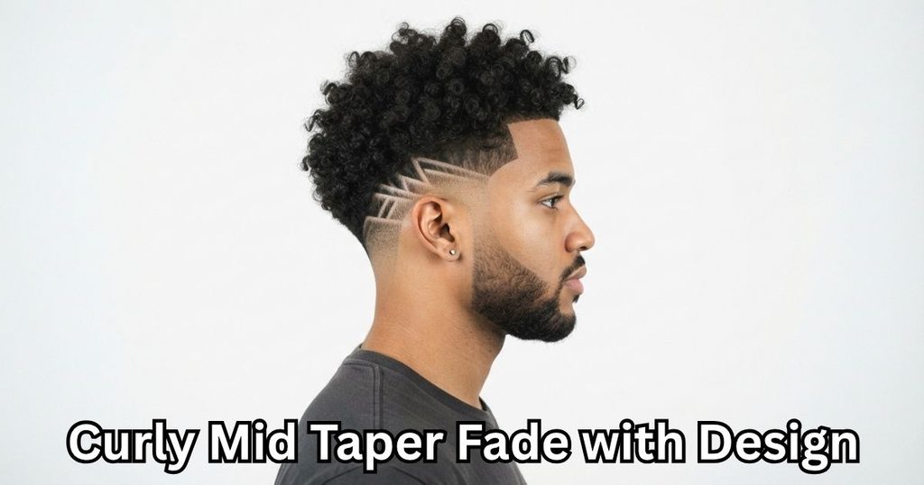 Curly Mid Taper Fade with Design