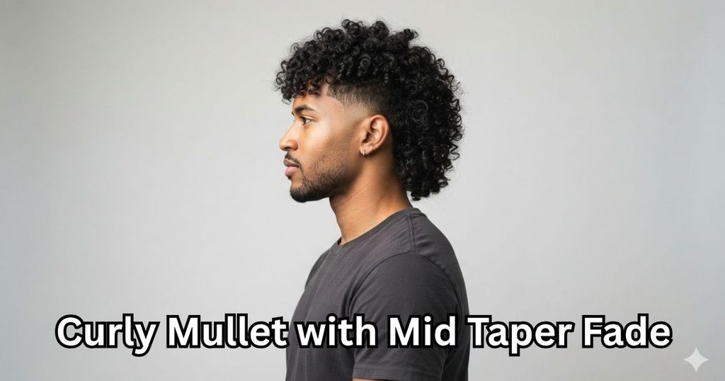 Curly Mullet with Mid Taper Fade