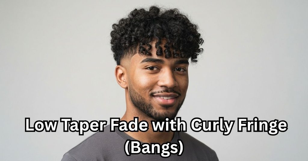 Low Taper Fade with Curly Fringe (Bangs)