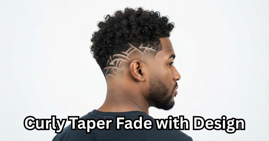 Curly Taper Fade with Design